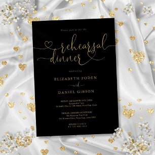 Invitation Dîner de répétition de script de coeur noir et or