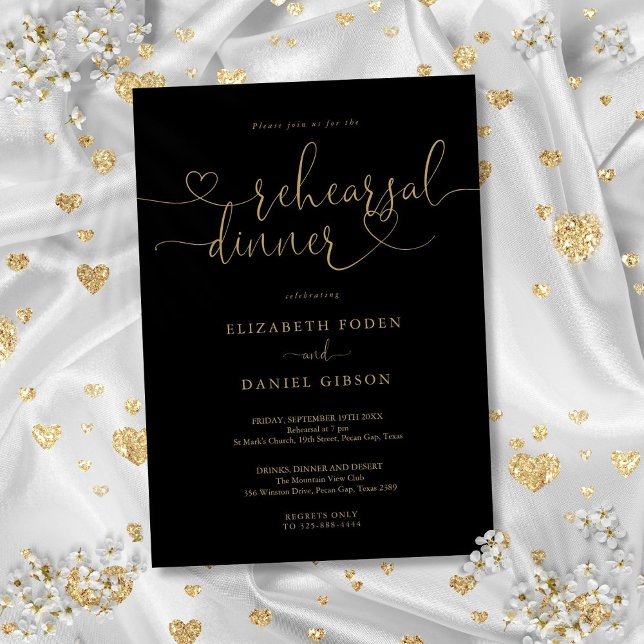 Invitation Dîner de répétition de script de coeur noir et or (Black And Gold Heart Script Rehearsal Dinner Invitation)