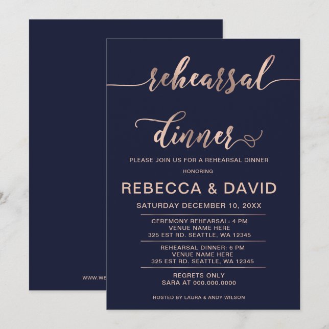 Invitation Dîner de répétition de script élégant Marine et Ro (Devant / Derrière)