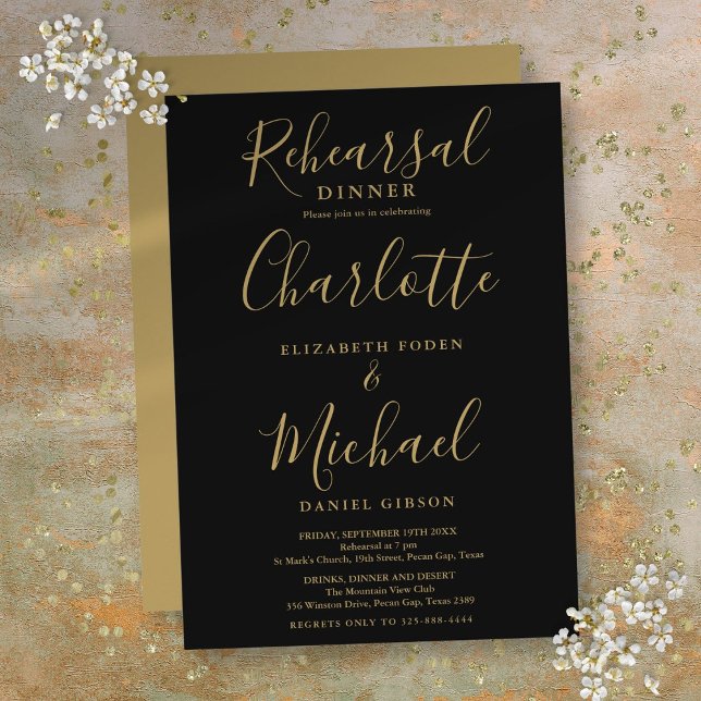 Invitation Dîner De Répétition De Signature Noir Et Or (Black And Gold Signature Script Rehearsal Dinner Invitation)