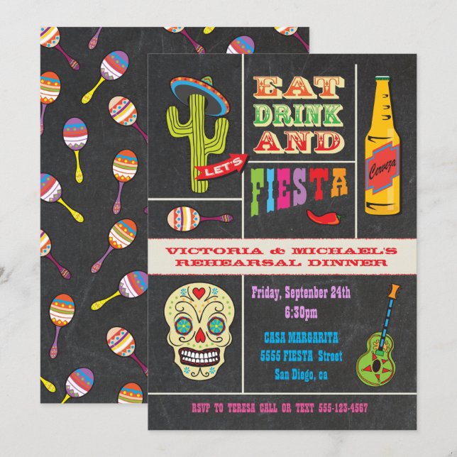 Invitation Dîner de répétition de tableau noir Fiesta mexicai (Devant / Derrière)