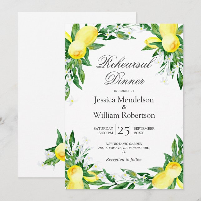 Invitation Dîner de répétition de verdure de fleurs de citron (Devant / Derrière)