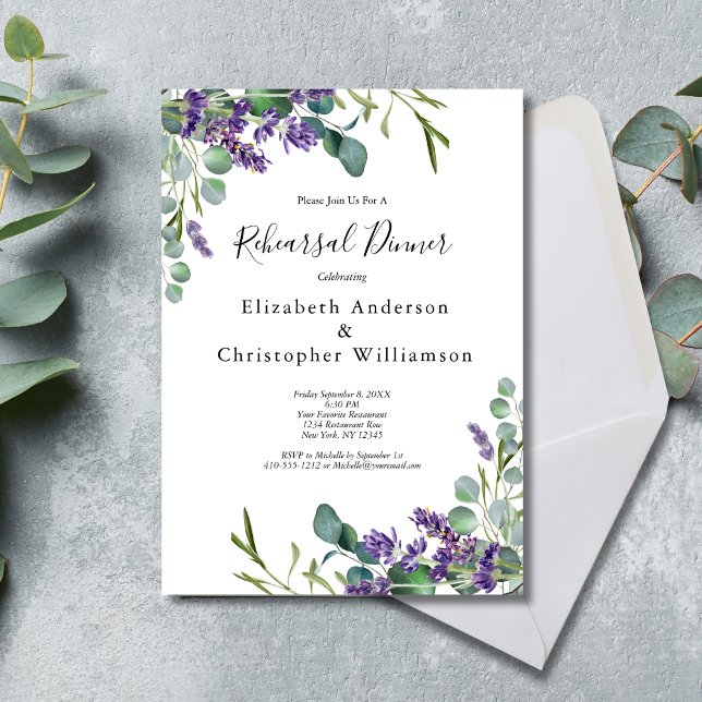 Invitation Dîner de répétition de verdure d'eucalyptus à la l (Lavender Eucalyptus Wedding Rehearsal Dinner Invitation. Elegant Watercolor Greenery)