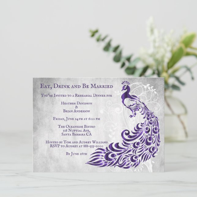 Invitation Dîner de répétition de vigne violet Peacock Leaf I (Debout devant)
