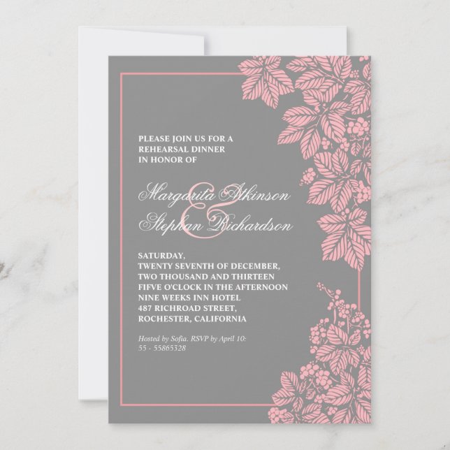 Invitation dîner de répétition de vignes grises et roses invi (Devant)