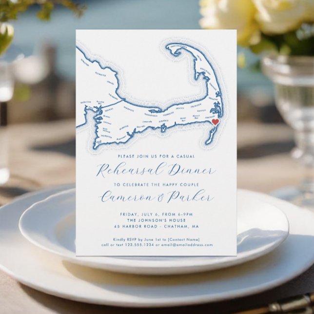 Invitation Dîner de répétition Décontracté de Chatham MA Mari (Chatham MA Casual Cape Cod Wedding Rehearsal Dinner Invitation in Navy Blue from Coastal Map Designs)