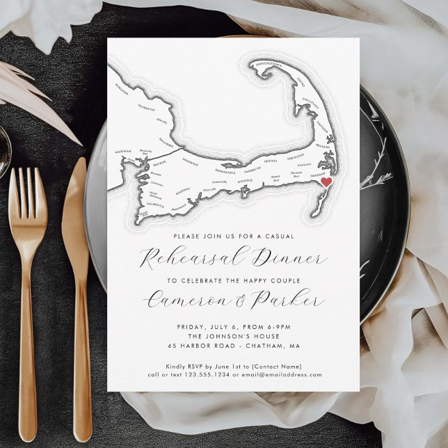Invitation Dîner de répétition Décontracté de Chatham MA Mari (Chatham MA Casual Wedding Rehearsal Dinner Invitation in Black and White from Coastal Map Designs)