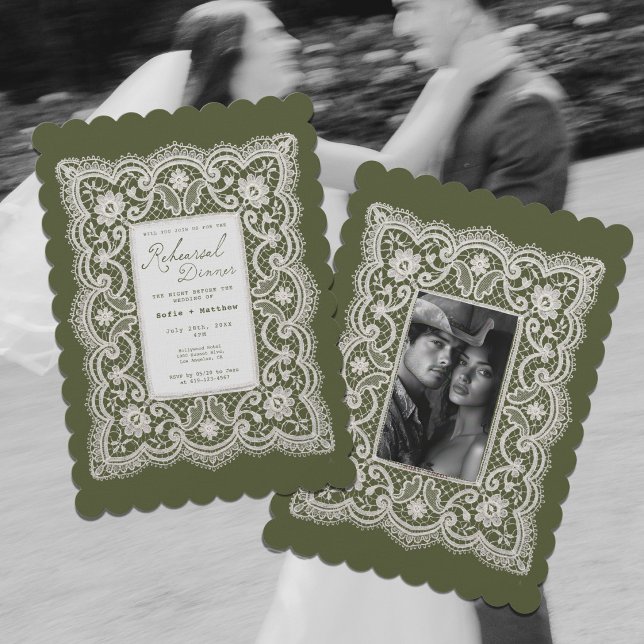 Invitation Dîner de répétition délicat Olive Green napperon e (Delicate Lace Doily Olive Green Rehearsal Dinner Invitation)