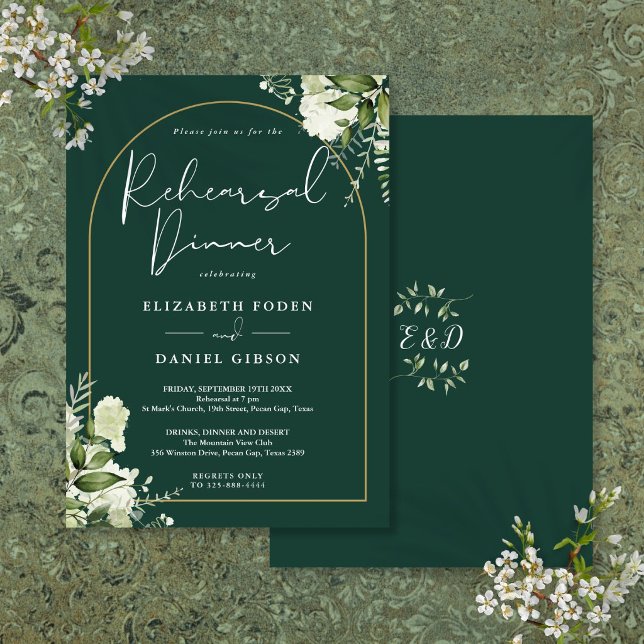 Invitation Dîner de répétition d'émeraude de verdure d'arche  (Gold Arch Emerald Greenery Rehearsal Dinner Invitation)