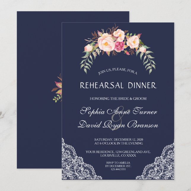 Invitation Dîner de répétition Dentelle Charm Blush Rose Fleu (Devant / Derrière)