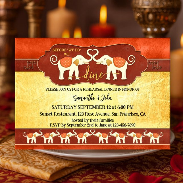 Invitation Dîner de répétition des éléphants indiens bohèmes (Rehearsal dinner invitation featuring a pair of ivory elephants in an Indian terra cotta colors)