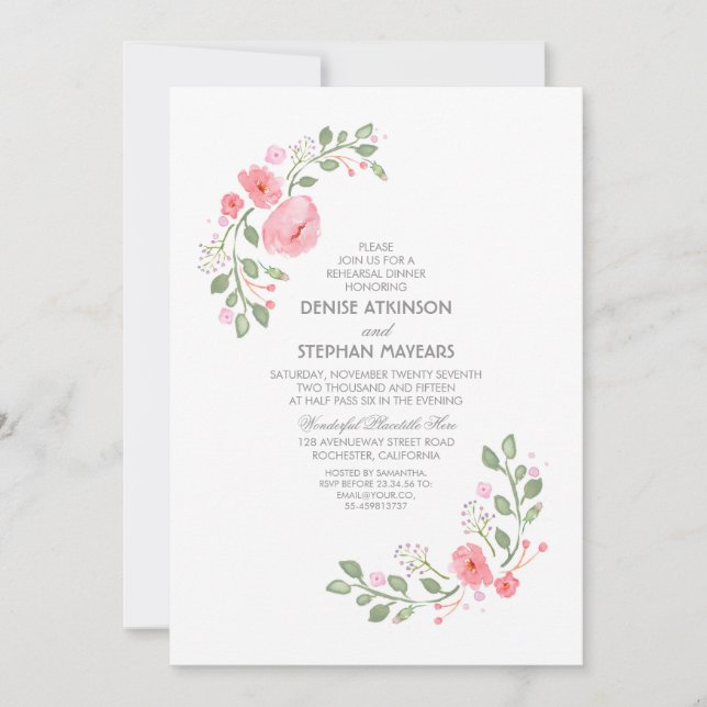 Invitation Dîner de répétition des fleurs d'aquarelle Invitat (Devant)