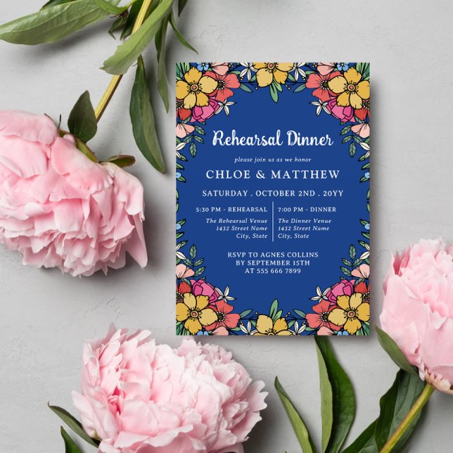 Invitation Dîner de répétition des Fleurs Roses Bleues (Créateur téléchargé)