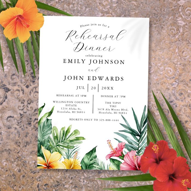 Invitation Dîner de répétition des fleurs tropicales d'aquare (Watercolor Tropical Flowers Rehearsal Dinner Invitation)