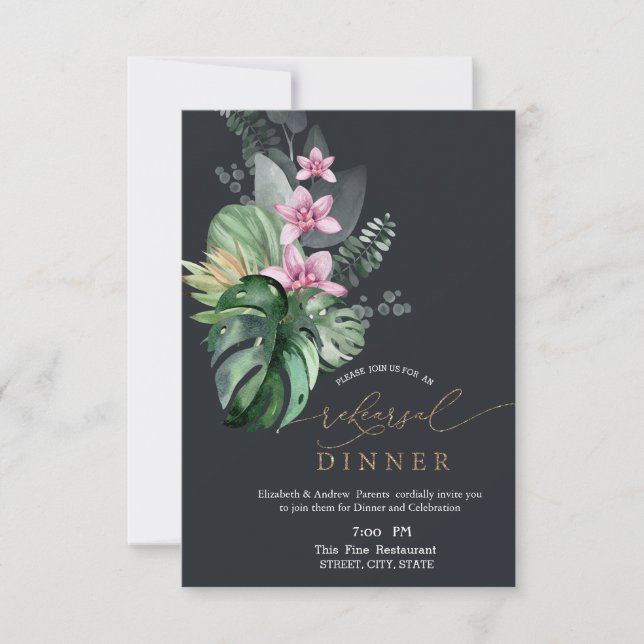 Invitation Dîner de répétition des fleurs tropicales foncées (Devant)
