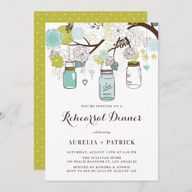 Invitation Dîner de répétition des jarres Mason bleu clair et (Devant / Derrière)