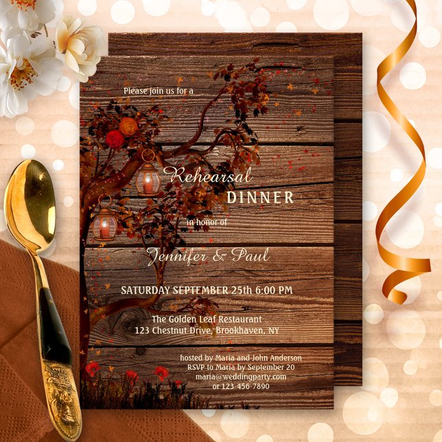 Invitation Dîner de répétition des lumières automnales Invita (Rehearsal Dinner invitation featuring an autumn tree with colorful leaves, roses and festive lantern)