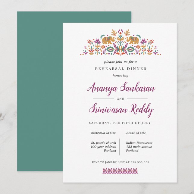 Invitation Dîner de répétition des mariages de fleurs indienn (Devant / Derrière)