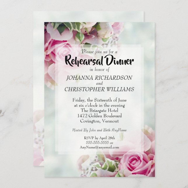 Invitation Dîner de répétition des Mariages rose et Roses flo (Devant / Derrière)