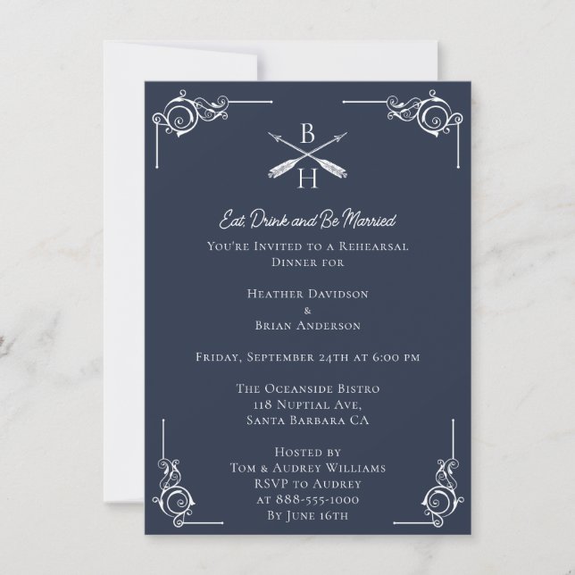 Invitation Dîner de répétition des monogrammes et flèches de  (Devant)