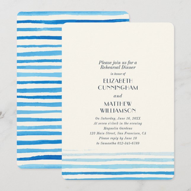 Invitation Dîner de répétition des rayures d'aquarelle bleu m (Devant / Derrière)
