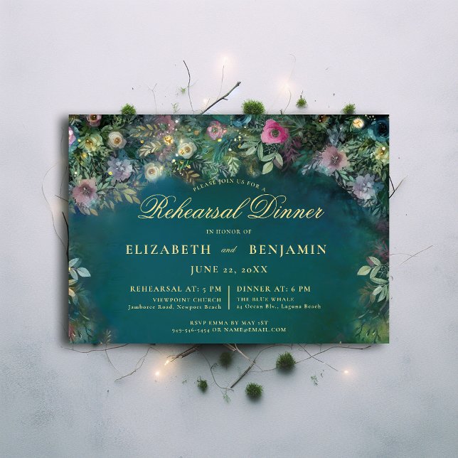 Invitation Dîner de répétition des Roses de la forêt enchanté (enchanted forest rehearsal dinner invite magic fairy tale woodland roses gold emerald green garden)