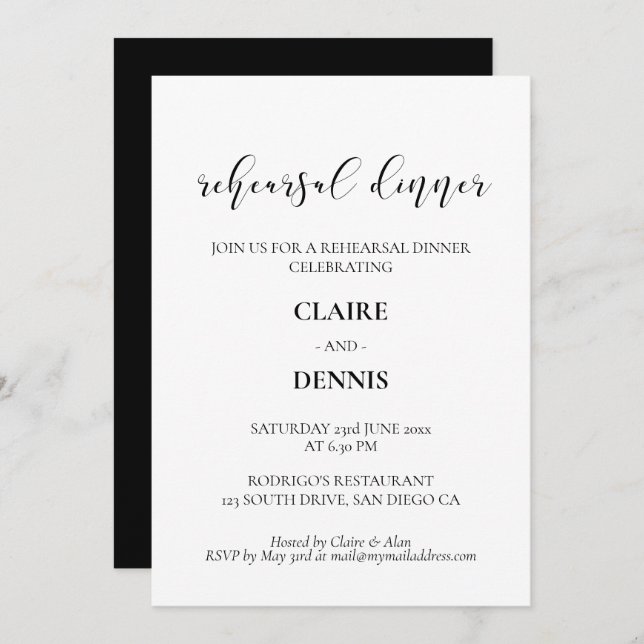 Invitation Dîner de répétition design élégant (Devant / Derrière)