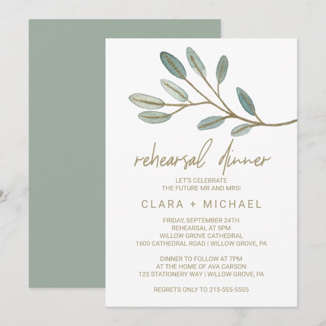 Invitation Dîner de répétition d'eucalyptus veiné d'or (Devant / Derrière)