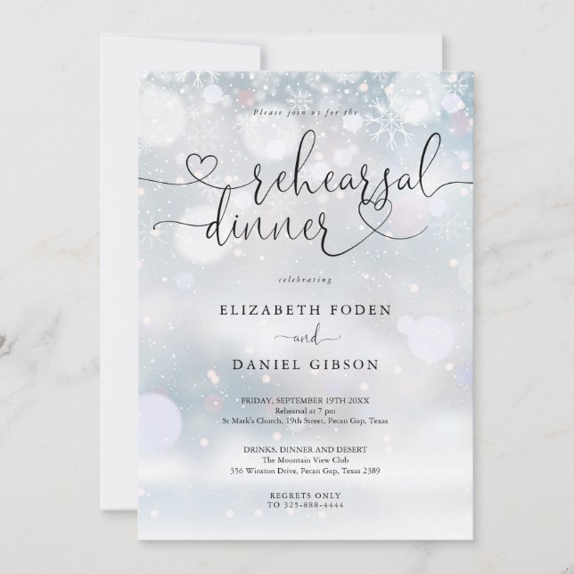 Invitation Dîner de répétition d'hiver Elegant Heart Script (Devant)