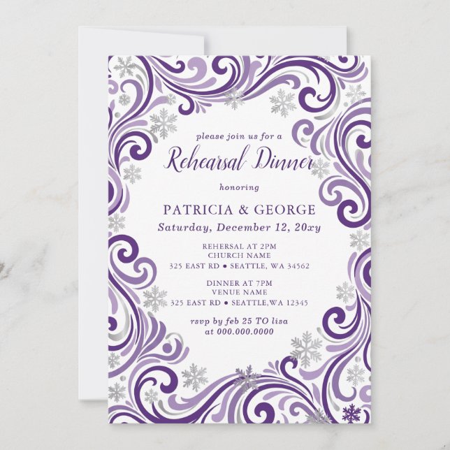 Invitation Dîner de répétition d'hiver violet argenté flocons (Devant)