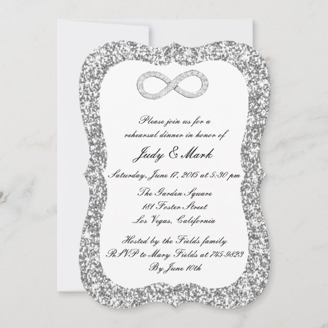 Invitation Dîner de répétition diamant paillettes argentées à (Devant)