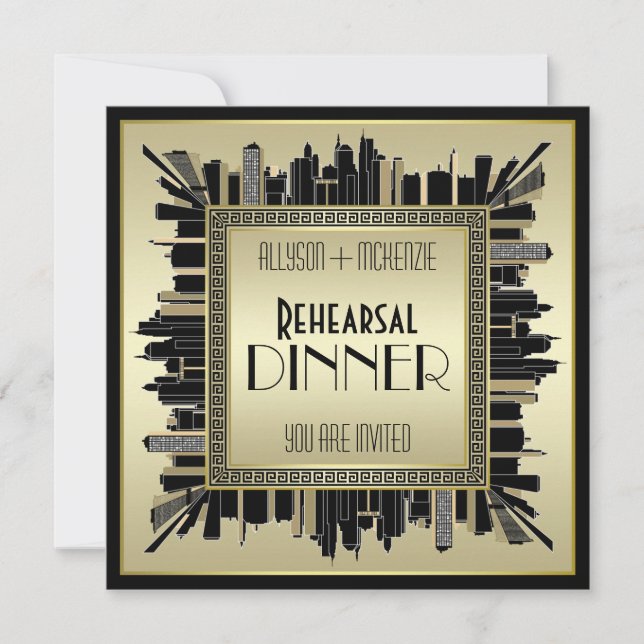 Invitation Dîner de répétition d'or Art Déco Mariage au Champ (Devant)