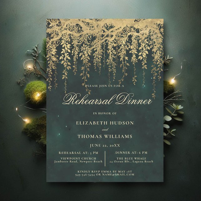 Invitation Dîner de répétition d'or d'émeraude de forêt encha (wedding rehearsal invitation elegant enchanted forest fairytale gold vines calligraphy)