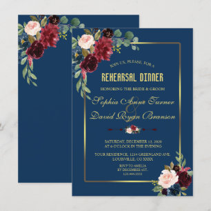 Invitation Dîner de répétition doré bleu Floral de la marine 