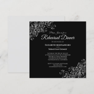 Invitation Dîner de répétition du Mariage Carré noir en argen