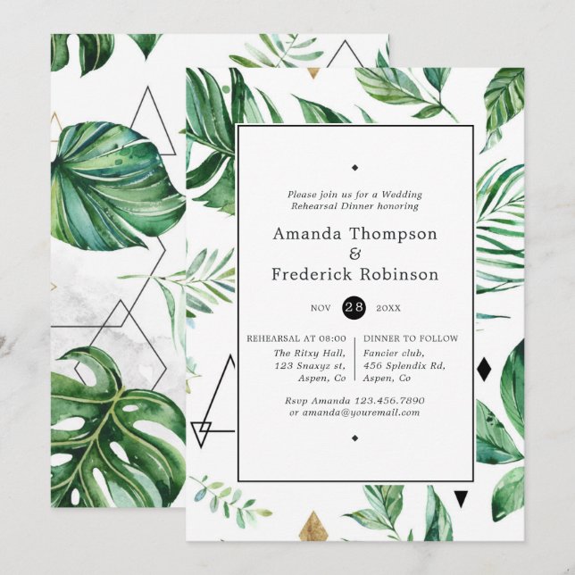 Invitation Dîner de répétition du Mariage de forêt géométriqu (Devant / Derrière)