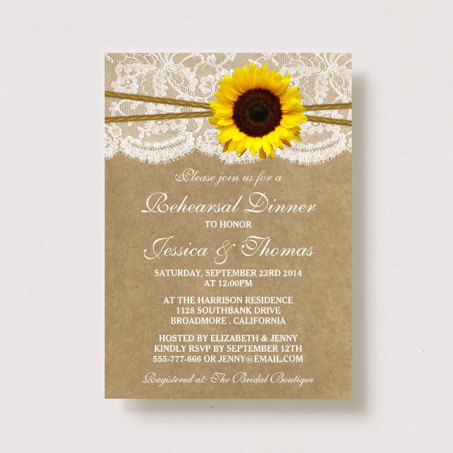 Invitation Dîner de répétition du Mariage de tournesol rustiq (Créateur téléchargé)