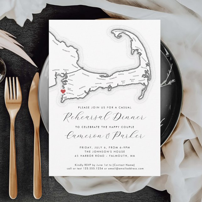 Invitation Dîner de répétition du Mariage Décontracté Falmout (Falmouth MA Casual Wedding Rehearsal Dinner Invitation in Black and White from Coastal Map Designs)