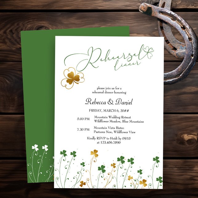 Invitation Dîner de répétition du Mariage Fleur sauvage shamr (Elegant Rehearsal Dinner invitation from my Shamrock Wildflower wedding collection)