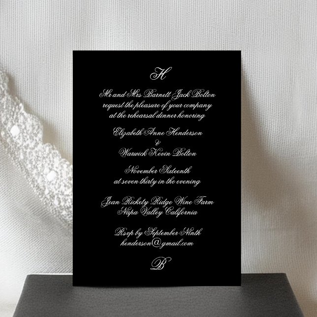 Invitation Dîner de répétition du Mariage noir du Monogramme (Créateur téléchargé)