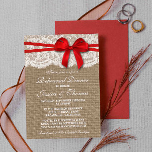 Invitation Dîner de répétition du Mariage Red Bow Burlap & La