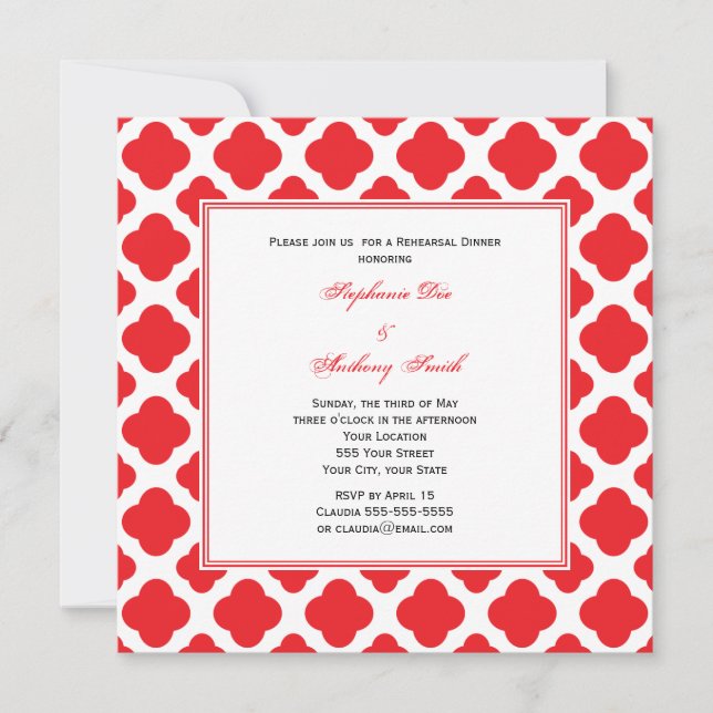 Invitation Dîner de répétition du Motif Monogram Red Quatrefo (Devant)