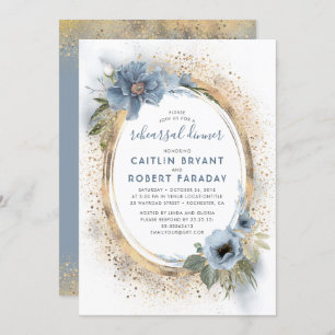 Invitation Dîner de répétition Dusty Blue et Gold Floral Chic