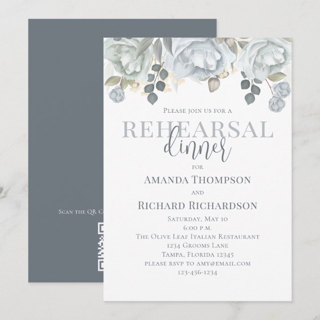 Invitation Dîner de répétition Dusty Rose Floral QR Code Cart (Devant / Derrière)