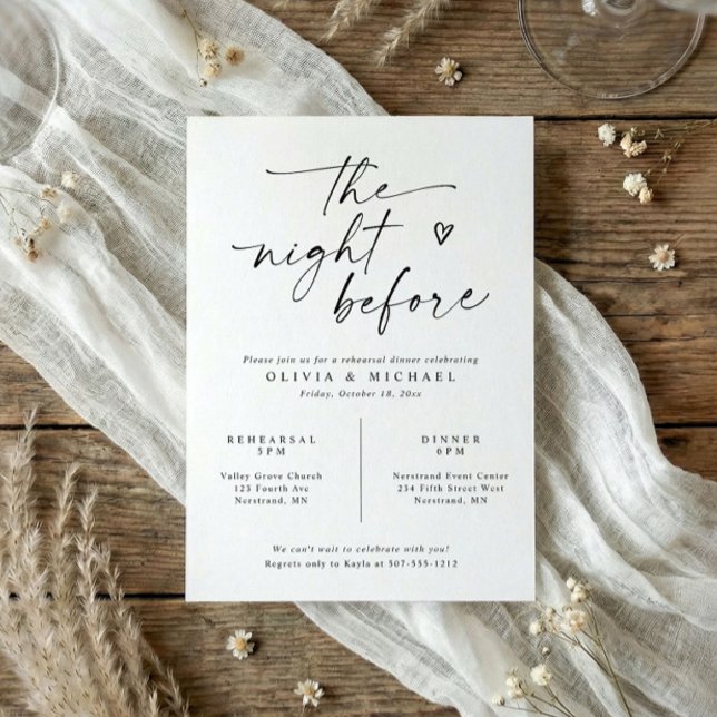 Invitation Dîner de Répétition Écriture Manuscrite Moderne No (Modern black and white rehearsal dinner invitation with handwritten script heart)