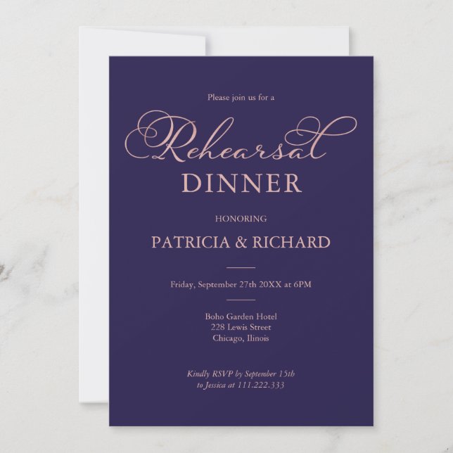 Invitation Dîner de répétition écriture Or Rose Bleu Marine (Devant)