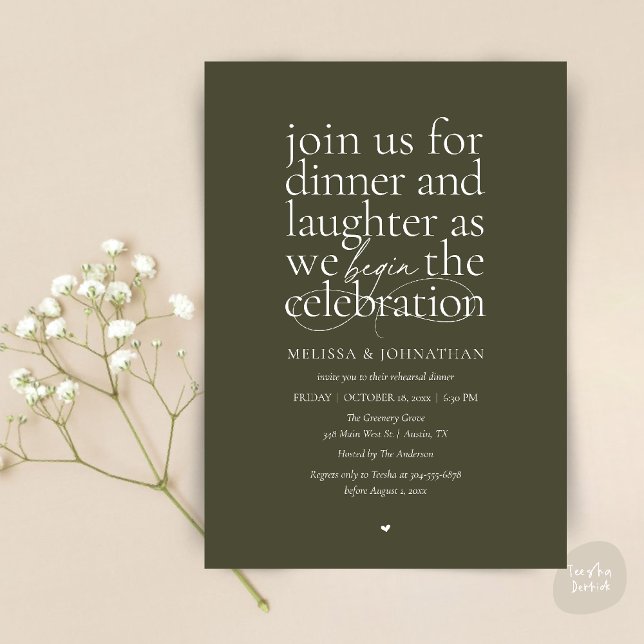 Invitation Dîner de répétition élégant Amour & Rire Minimal (Modern Elegant Rehearsal Dinner Love & Laughter Celebration begins Invites Card in Olive Green)