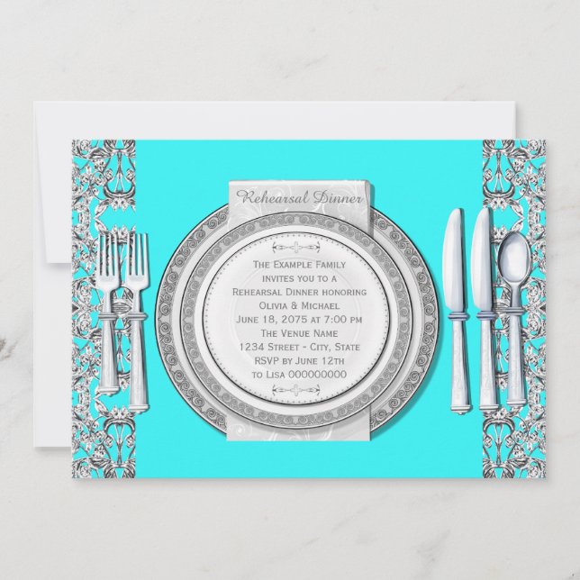 Invitation Dîner de répétition élégant argent sarcelle bleu (Devant)