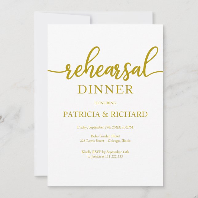 Invitation Dîner de répétition élégant avec calligraphie doré (Devant)
