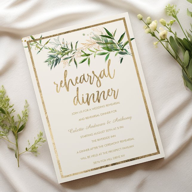 Invitation Dîner de répétition élégant avec feuillage vert iv (Elegant ivory green gold foliage Rehearsal Dinner)